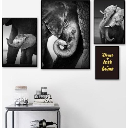 Baby Elephant With Mum Wall Art Canvas Painting Black White Photo Posters And Prints Kids Wall Pictures For Living Room