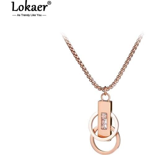 Lokaer Titanium Steel Double Circles Cubic Zirconia Crystal Chokers Necklace Jewelry Lovely Necklace For Women Girls N17043