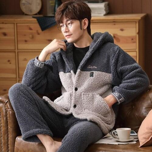 Pajamas mens winter long-sleeved coral fleece plus velvet padded warm home clothes Silk Flannel Home Satin Soft Plush
