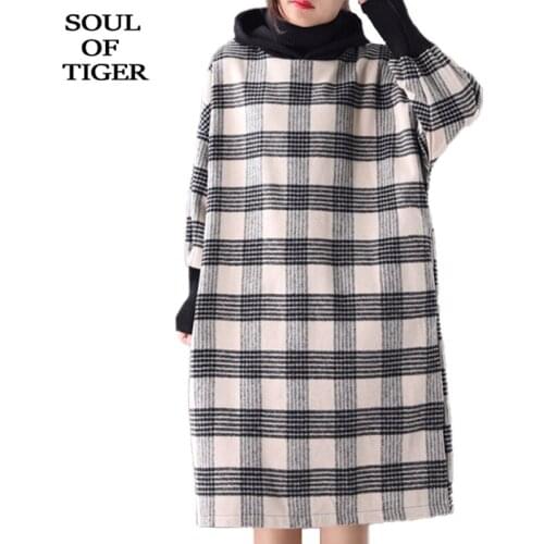 SOUL OF TIGER 2019 Korean Fashion Style Ladies Turtleneck Plaid Dresses Womens Long Hooded Dress Autumn Casual Elegant Vestidos