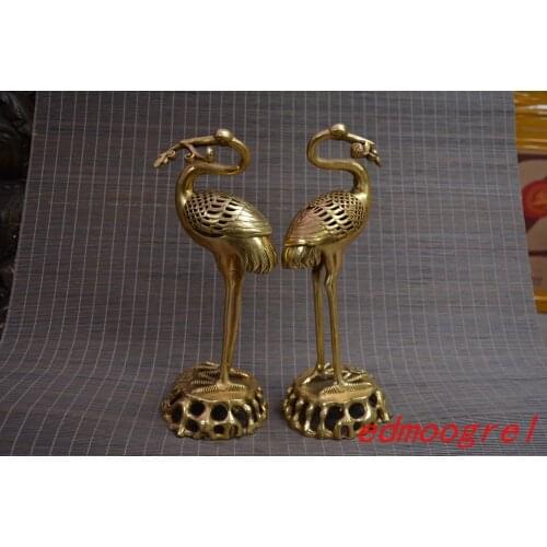 Rare Antique Tibet copper Red-crowned crane censer statue,A PAIR,Hand-carving crafts,Collection&Adornment,Free shipping