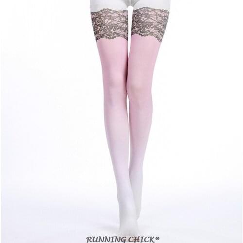 RUNNING CHICK Pink Lace Fake Thigh Color Print Pantyhose Gradient Stockings