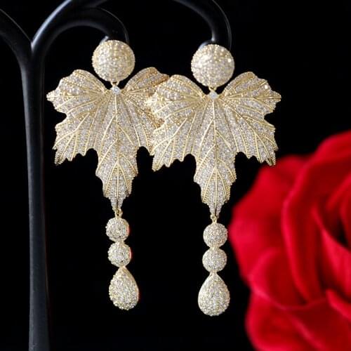 TIMEONLY Unique Design Maple Leaf Dangle Earrings Shiny Rhinestone Waterdrop Earring for Women Ladies Elegant Wedding Jewellery