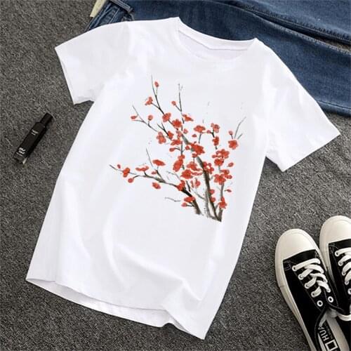 Women Short Sleeve Top Watercolor Flowers Fashion Printing Ladies Summer Clothing Tshirt Female White Tee Graphic Basic T-shirt