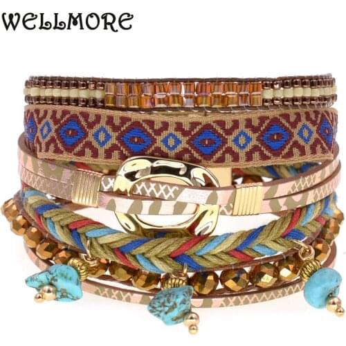 WELLMORE BOHEMIA Bracelets for women 5 colors leather bracelet Beaded stone charm bracelet fashion Female Jewelry wholesale