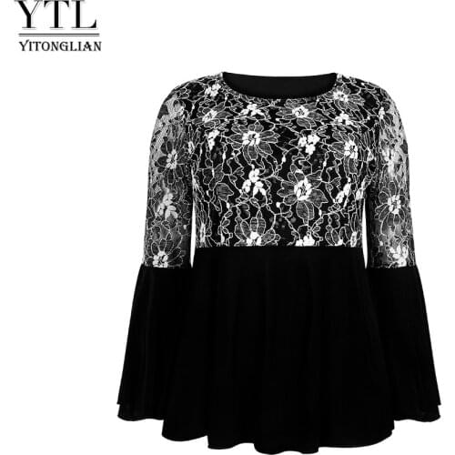 YTL Women Plus Size Tunic Retro Lace Top O-Neck Patchwork Flare Sleeve Blouse Spring Autumn Female Black Shirt 7XL 8XL W027
