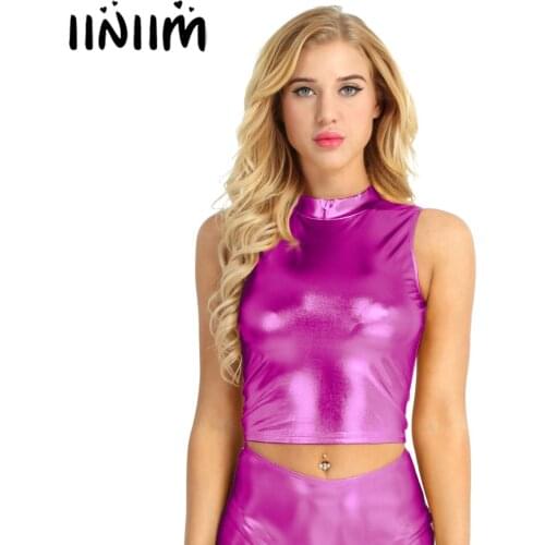 Womens Tank Top Faux Leather Sleeveless Metallic Mock Neck Turtleneck Crop Tops for Costumes Club Party Paired with Leggings