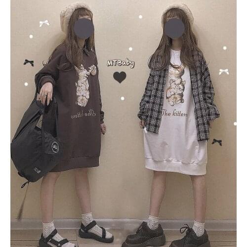 Kawaii The Kitten Winter Womens Warm Long Loose Sweatshirt Long Sleeve Pullovers Hoodies BF Style Simple White Brown