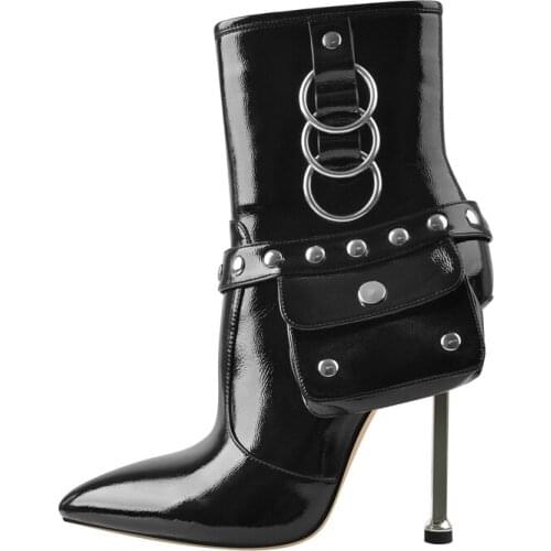 Richealnana Womens Pointed Toe Metal Thin Heels Ankle Boots Bag Attached Booties Rivet and Loop Fashion Modern Shoes Large Size