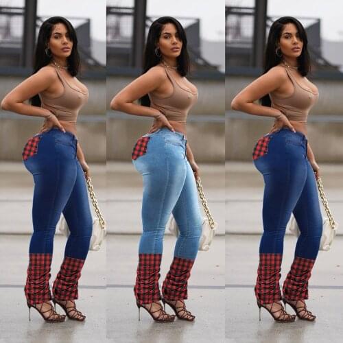 FNOCE 2021 new spring womens jeans pants large size fashion trends elegant grid patchwork high waits tight stretch slim pants