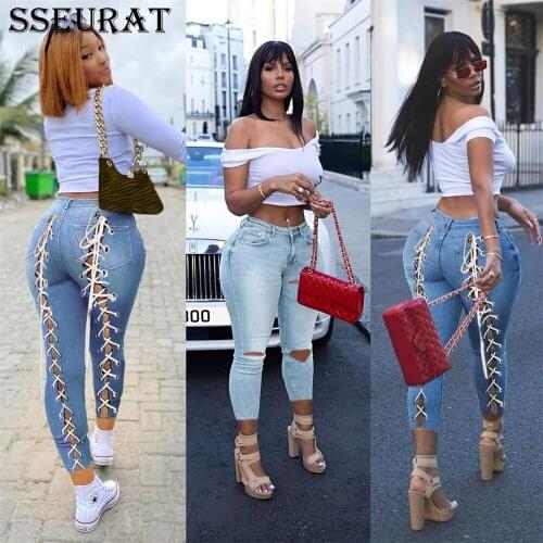 SSEURAT Women Jeans Sheath Elastic High Waist Bandage Long Pencil Denimi Pants Female High Street Fashion Trousers Summer