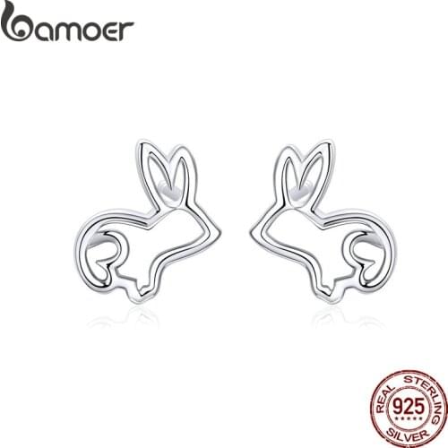 Bamoer Sketch Rabbit Bunny Stud Earrings for Women 925 Silver Ear Studs Jewelry Gifts for Girl Fashion Jewelry 2019 New SCE698