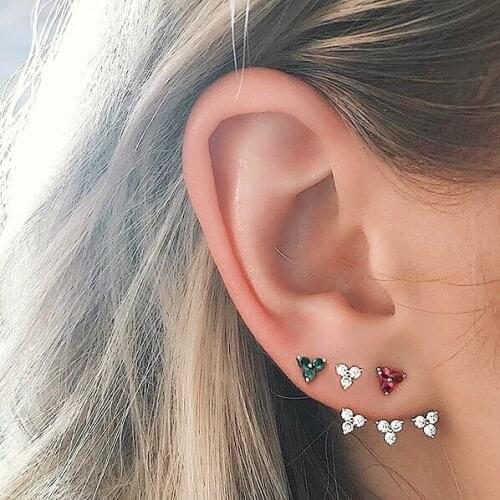 2021 New Fine 925 Sterling Silver Cute Mini Red Blue Green Color Three Stone Stud Earing Fors Women Girls Simple Fashion Jewelry