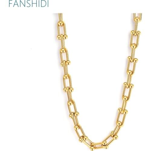 FANSHIDI Stainless Steel U-Shape Big Strong Link Necklace For Women Chunky Chain Gold Color Statement Jewelry