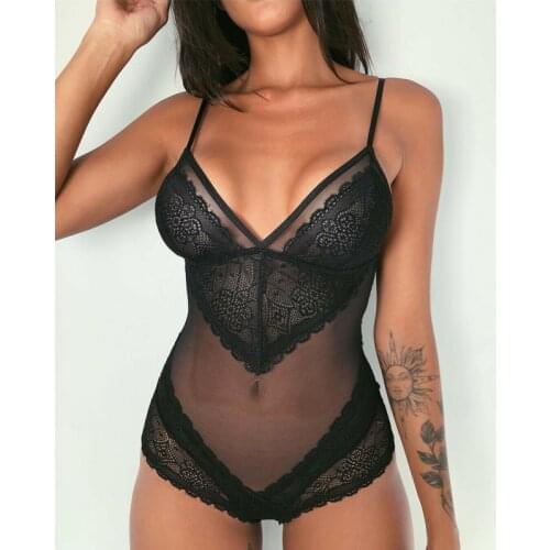 Womens Lace Ruffles Bodysuits Lingerie Babydoll Sleepwear Women Sexy See-Through Deep V-Neck Sleeveless Nightwear Underwear