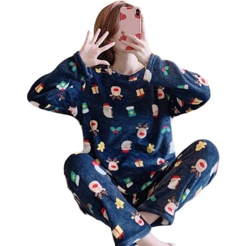 Winter Women Cartoon Animal Warm Pajamas 2Pcs Set Long Sleeve Pullover Top Loose Pants Thick Coral Velvet Sleepwear