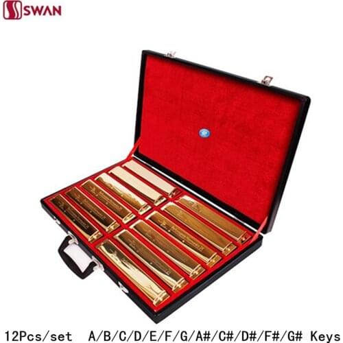 12Pcs/set Swan Harmonica 24 Hole 12- Tune set packing Golden color Tremolo Harp with Gift Box Mouth Organ for Collect Gaita