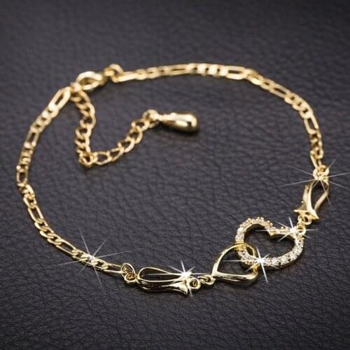 2021 Fashion Double Heart Ankle Women Love Wedding Bracelet Crystal Barefoot Beach Leg Chain Gift 25cm(9 7/8") long