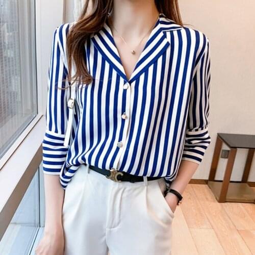 #4725 White And Blue Vertrical Striped Shirt Women Half Sleeves Casual Basic Shirt Female Casual Chiffon Office Shirt Ladies
