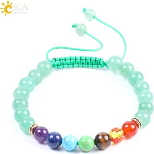 CSJA Natural Stone Bracelet 7 Chakra Green Aventurine Bead Handmade Braided Rope Adjustable String Charm Jewelry for Unisex F088