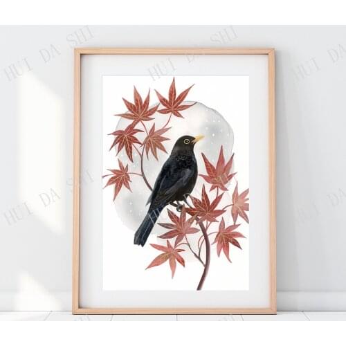 British Blackbird watercolour print Japanese Maple Winter Garden Ornithology Bird Art Botanical Nature lover gift