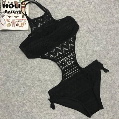 One piece Swimsuit Female Badpak Monokini 2019 Swimwear Women Trikini Mesh Lady Swim Wear Ba Stroj Bathing Suit Net Solid Black