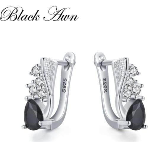 Black Awn Hoop Earrings for Women Classic 925 Sterling Silver Trendy Spinel Engagement Fine Jewelry I219