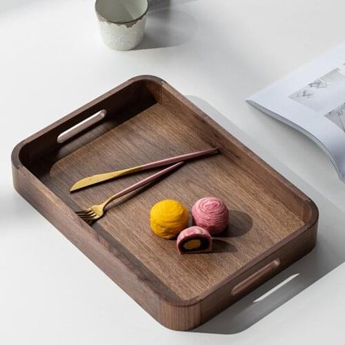 Black Walnut Wooden Trays Mortise And Tenon Style Without Nail Serving Tray High Quality Rectangle Solid Wood Tray With Handle