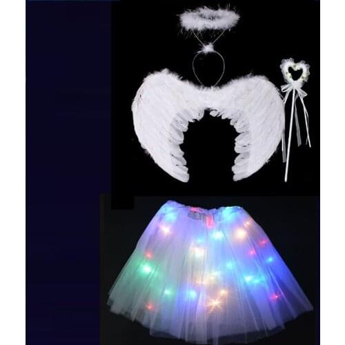 Kids Girl White Angel Wing Headband Wands LED Light Tutu Skirt Party Birthday Gift Cosplay Dance Glow Show Halloween costume