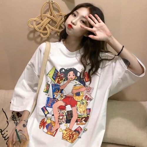 Japanese Girl Kawaii Cartoon Printed T-shirt New Ins Loose Mid-length Fun Printed Short-sleeved T-shirt Harajuku Women Shirts