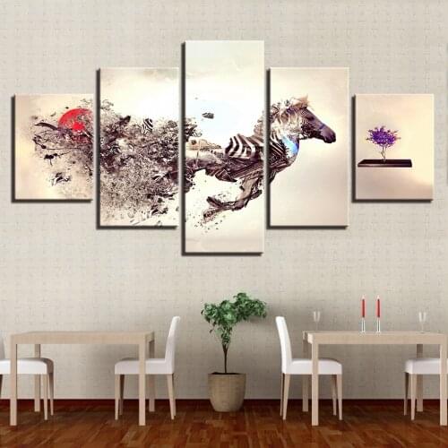 HD Prints 5 Pieces Abstract Zebra Pieces Modular Animals Horse Poster Wall Art Canvas Paintings Framework Living Room Home Decor