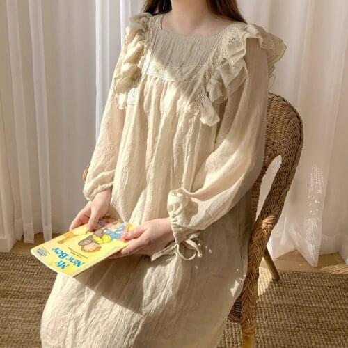 Cotton Linen Autumn Nightgown Women Square Collar Vintage Ruffles Long Sleepwear Loose Casual Sweet Home Clothes Lace Up