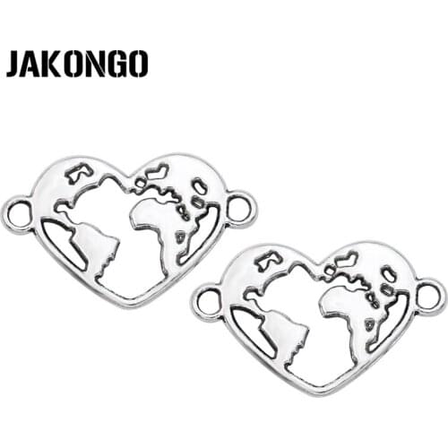 JAKONGO Antique Silver Plated Heart World Map Charm Connector for Jewelry Making Bracelet Accessories DIY 26x16mm 20pcs/pcs