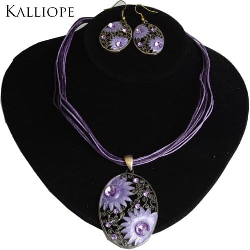 New exquisite Oval Mosaic Metal Belt Set Necklace + Earrings Purple jewelry set trendy rope lady bijoux wholesale gift