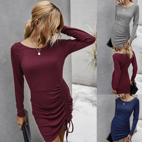 2020 Autumn Round Neck Female Bodycon Dress Smocked Women Dress Long Sleeve Solid Color Office OI Work Wear Ladies Mini Dresses
