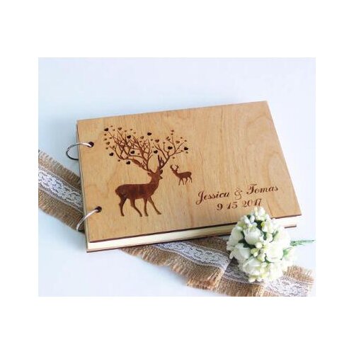 Personalized names date reindeer wedding guest album engraved Wooden guestbooks Reception party favors decorations