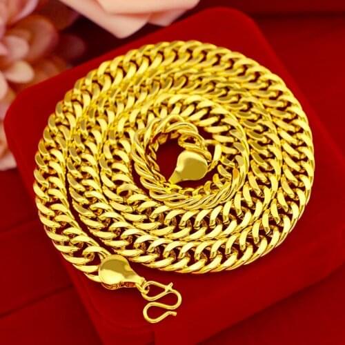 Luxury 24K Gold Necklace Jewelry for Men 10mm Flat Chain Lasting Colorfast Wedding Engagement Jewelry Christmas Gifts Male