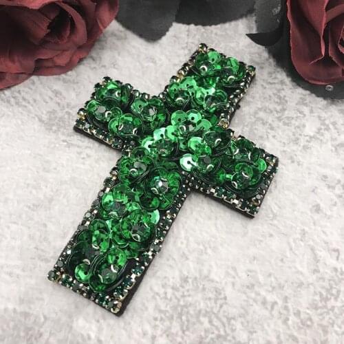 Handmade Green Sequin Rose Flower Cross Rhinestone Beaded Cute Patches Sew on Patch for Clothes Beads Applique Badge