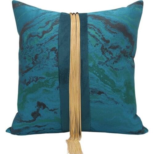 Embroidered Blue Cushion Cover With Gold Metal Tassel Decorative Living Room Sofa Pillow Cover Pillowcase Luxury Home Decor