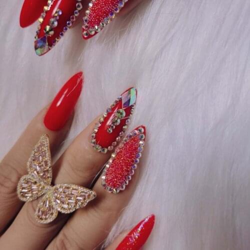 24pcs Extra long pointed oval fake nails slim art salon nail crystal diamond nail red