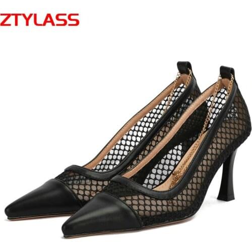 Women PU Leather High Heels Pumps Fashion Chain Breathable Summer Mesh Pumps Ladies Pointed Toe Thin Heel Dress Shoes