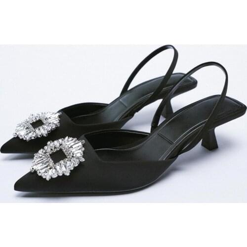 ZA Shoes Womens Shoes Sandals 2021 Summer Mid Low Heels Party Wedding Womens Pumps Sequined Dimond Documentary Shoes Fashion