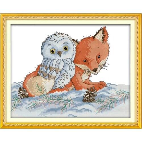 The fox and the owl cross stitch kit aida 14ct 11ct count printed canvas stitches embroidery DIY handmade needlework