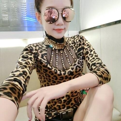 2019 Spring Sexy Long Sleeve Stand Collar Gemstones Leopard Print Satin blouse Women Hollow Out Leopard Pullovers Satin blouse