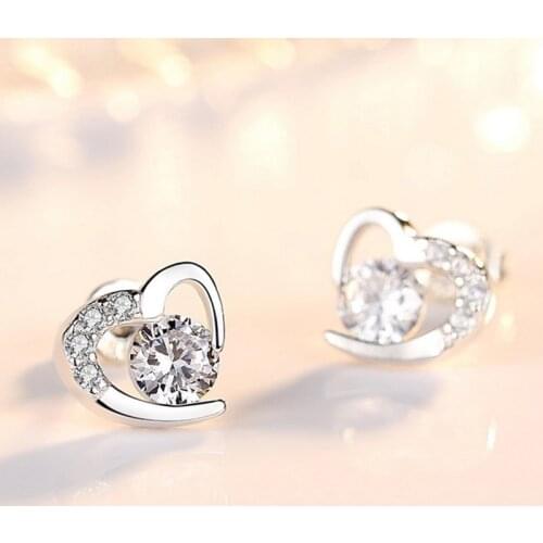 Female Luxury Crystal Heart Stud Earrings Fashion Silver Color Wedding Engagement Jewelry Shiny Zircon Korean Earrings For Women