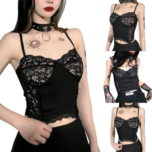 Womens Sexy Floral Lace Camisole Gothic Sleeveless Spaghetti Strap Rib Knit Crop Cami Tops