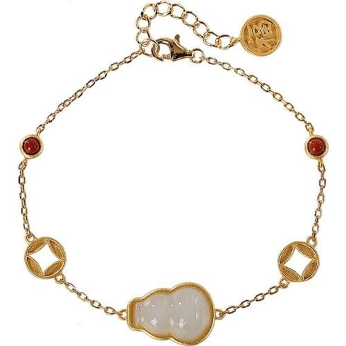 S925 sterling silver gold-plated Hetian jade bracelet retro national trend gourd coin fu character ladies bracelet
