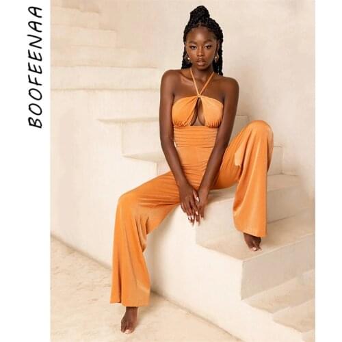 BOOFEENAA Sexy One Piece Night Out Club Outfits for Women Hollow Out Backless Halter Jumpsuits Ladies Wide Leg Pants C92-CI36