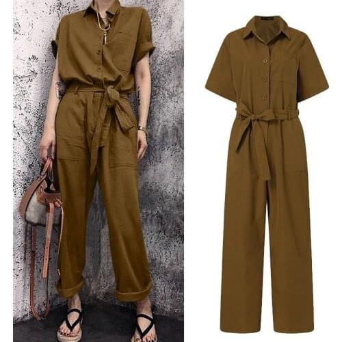 Womens Summer Overalls ZANZEA 2021 Stylish Solid Jumpsuits Short Sleeve Rompers Female Button Laple Playsuits Oversized Pants