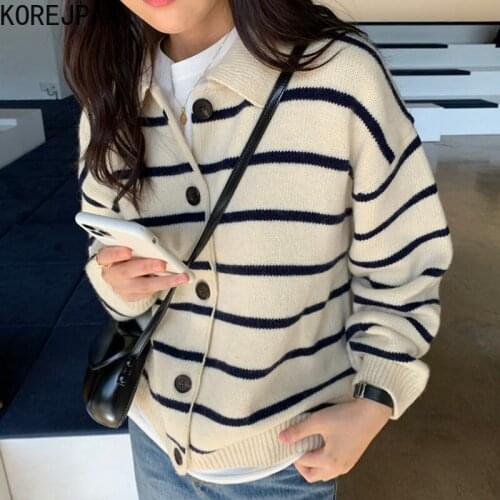 Korejpaa Vintage Striped Cardigan Women Autumn Simple Fashion Turn-down Collar Long Sleeve Button Up Casual Knitted Sweater New